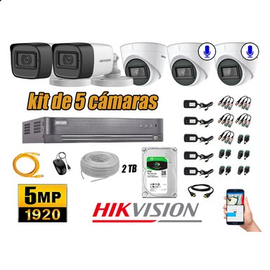 KIT 5 CÁMARA SEGURIDAD HIKVISION 5MP 2 TB | 02 CÁMARAS AUDIO INCORPORADO