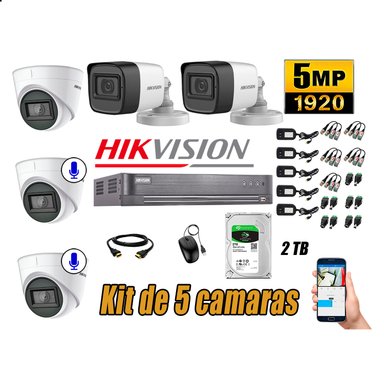 KIT 5 CÁMARA SEGURIDAD HIKVISION 5MP 2 TB | 02 CÁMARAS AUDIO INCORPORADO