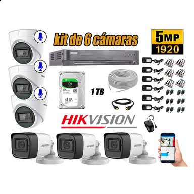 KIT 6 CÁMARA SEGURIDAD HIKVISION 5MP 1 TB | 03 CÁMARAS AUDIO INCORPORADO