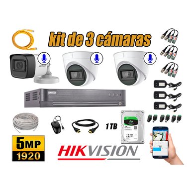 KIT 3 CÁMARA SEGURIDAD HIKVISION AUDIO INCORPORADO COMPLETO 1 TB