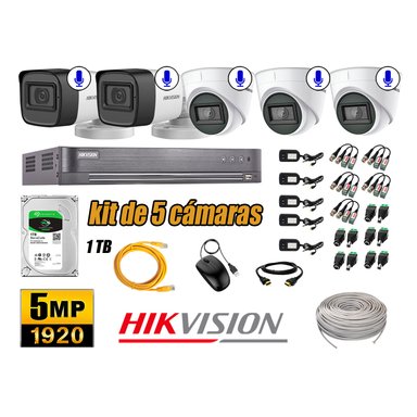 KIT 5 CÁMARA SEGURIDAD HIKVISION AUDIO INCORPORADO COMPLETO 1 TB