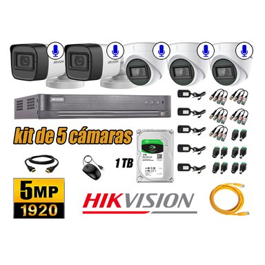 KIT 5 CÁMARA SEGURIDAD HIKVISION AUDIO INCORPORADO COMPLETO 1 TB
