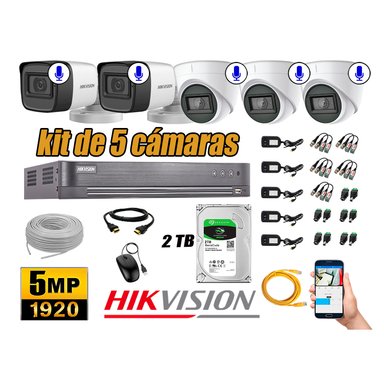 KIT 5 CÁMARA SEGURIDAD HIKVISION AUDIO INCORPORADO COMPLETO 2 TB