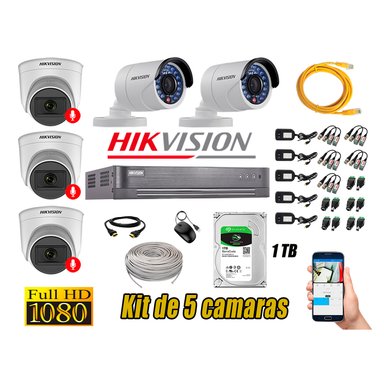 KIT 5 CÁMARA SEGURIDAD HIKVISION FULL HD 03 AUDIO INCORPORADO LITE 1 TB