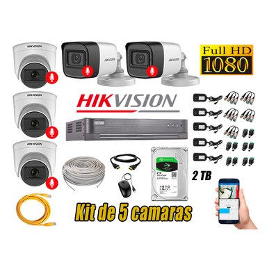 KIT 5 CÁMARA SEGURIDAD HIKVISION AUDIO INCORPORADO FULL HD 1080P LITE 2 TB