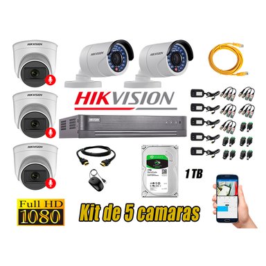 CÁMARA SEGURIDAD HIKVISION KIT 5 FULL HD CON AUDIO | 3 CÁMARA AUDIO DISCO 1TB | LUZ HIBRIDA  LITE