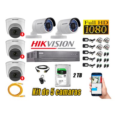 CÁMARA SEGURIDAD HIKVISION KIT 5 FULL HD CON AUDIO | 3 CÁMARA AUDIO DISCO 2TB | LUZ HIBRIDA  LITE