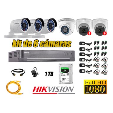 CÁMARA SEGURIDAD HIKVISION KIT 6 FULL HD CON AUDIO | 2 CÁMARA AUDIO DISCO 1TB | LUZ HIBRIDA  LITE