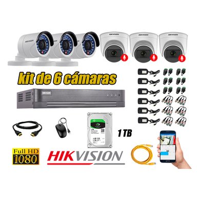 CÁMARA SEGURIDAD HIKVISION KIT 6 FULL HD CON AUDIO | 3 CÁMARA AUDIO DISCO 1TB | LUZ HIBRIDA  LITE