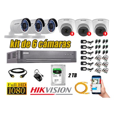 CÁMARA SEGURIDAD HIKVISION KIT 6 FULL HD CON AUDIO | 3 CÁMARA AUDIO DISCO 2TB | LUZ HIBRIDA  LITE
