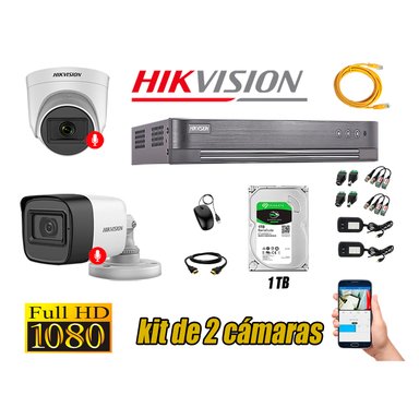 CÁMARA SEGURIDAD HIKVISION KIT 2 FULL HD CON AUDIO | 2 CÁMARA AUDIO DISCO 1TB | LUZ HIBRIDA  LITE