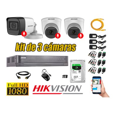 CÁMARA SEGURIDAD HIKVISION KIT 2 FULL HD CON AUDIO | 3 CÁMARA AUDIO DISCO 1TB | LUZ HIBRIDA  LITE
