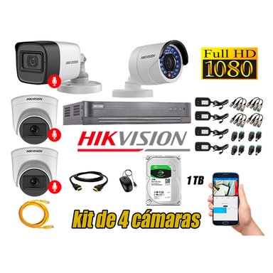 CÁMARA SEGURIDAD HIKVISION KIT 4 FULL HD CON AUDIO | 3 CÁMARA AUDIO DISCO 1TB | LUZ HIBRIDA  LITE