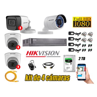 CÁMARA SEGURIDAD HIKVISION KIT 4 FULL HD CON AUDIO | 3 CÁMARA AUDIO DISCO 2TB | LUZ HIBRIDA  LITE