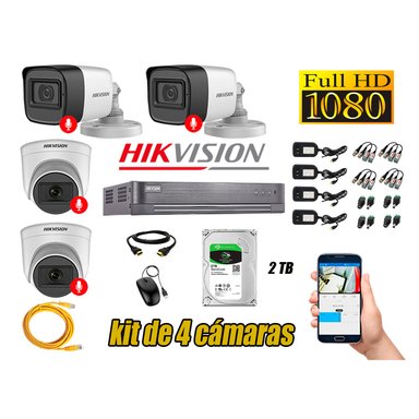 CÁMARA SEGURIDAD HIKVISION KIT 4 FULL HD CON AUDIO INCORPORADO DISCO 2TB | LUZ HIBRIDA  LITE