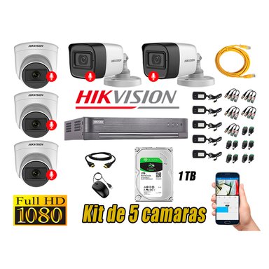 CÁMARA SEGURIDAD HIKVISION KIT 5 FULL HD CON AUDIO INCORPORADO DISCO 1TB | LUZ HIBRIDA  LITE