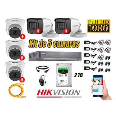 CÁMARA SEGURIDAD HIKVISION KIT 5 FULL HD CON AUDIO INCORPORADO DISCO 2TB | LUZ HIBRIDA  LITE