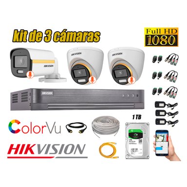KIT 3 CÁMARA SEGURIDAD HIKVISION FULL HD COLORVU VISION COLOR 1 TB
