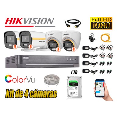 KIT 4 CÁMARA SEGURIDAD HIKVISION FULL HD COLORVU VISION COLOR 1 TB
