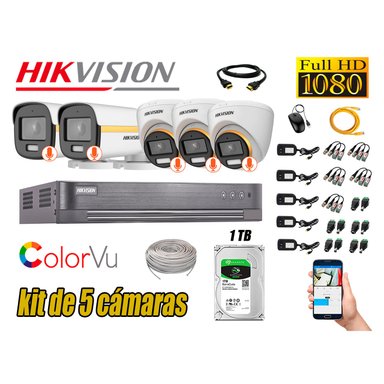KIT 5 CÁMARA SEGURIDAD HIKVISION FULL HD COLORVU VISION COLOR 1 TB