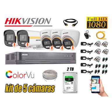KIT 5 CÁMARA SEGURIDAD HIKVISION FULL HD COLORVU VISION COLOR 2 TB