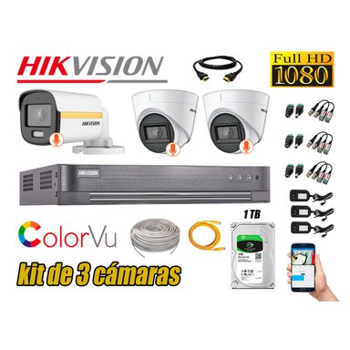 KIT 3 CÁMARA SEGURIDAD HIKVISION FULL HD COLORVU VISION COLOR 1 TB