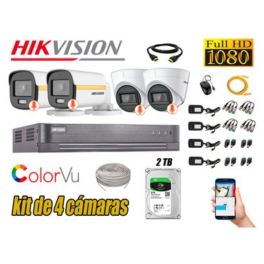 KIT 4 CÁMARA SEGURIDAD HIKVISION FULL HD COLORVU VISION COLOR 2 TB