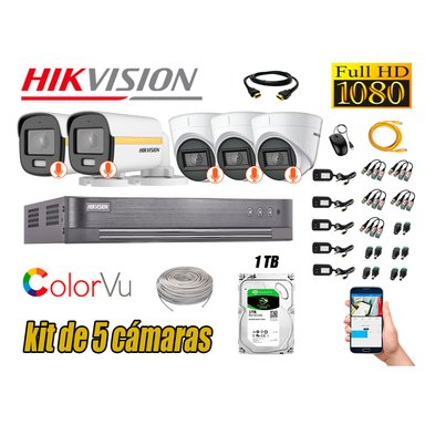 KIT 5 CÁMARA SEGURIDAD HIKVISION FULL HD COLORVU VISION COLOR 1 TB
