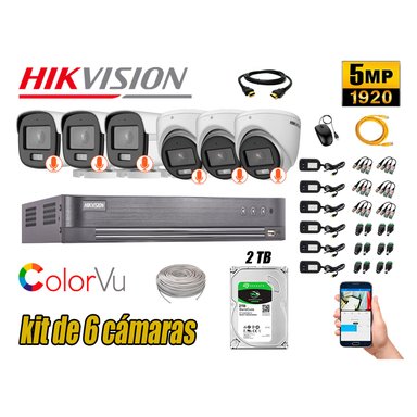 KIT 6 CÁMARA SEGURIDAD HIKVISION 5MP + DISCO COLORVU VISION COLOR 2 TB