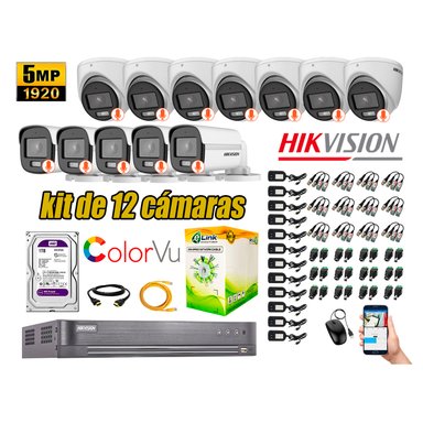 KIT 12 CÁMARA SEGURIDAD HIKVISION 5MP DISCO COLORVU VISION COLOR 1 TB
