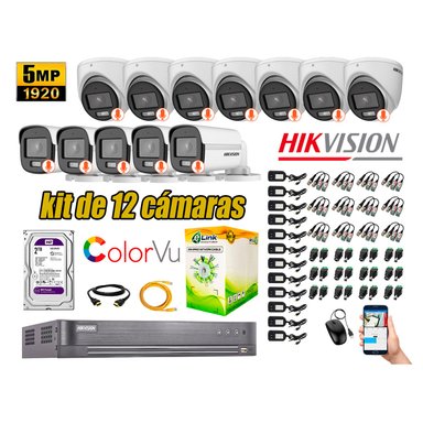 KIT 12 CÁMARA SEGURIDAD HIKVISION 5MP DISCO COLORVU VISION COLOR 2 TB