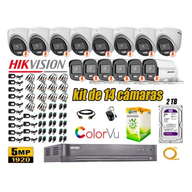 KIT 14 CÁMARA SEGURIDAD HIKVISION 5MP DISCO COLORVU VISION COLOR 2 TB