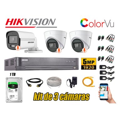 KIT 3 CÁMARA SEGURIDAD HIKVISION 5MP DISCO COLORVU VISION COLOR 1 TB
