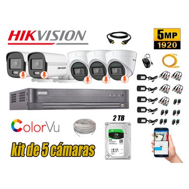 KIT 5 CÁMARA SEGURIDAD HIKVISION 5MP + DISCO COLORVU VISION COLOR 2 TB