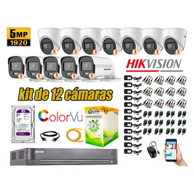 KIT 12 CÁMARA SEGURIDAD HIKVISION 5MP DISCO COLORVU VISION COLOR 2 TB