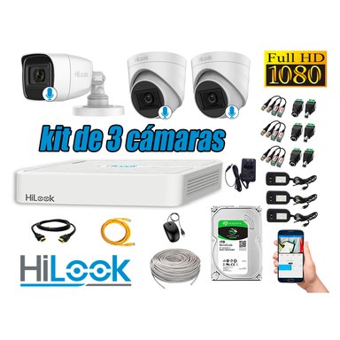 KIT 3 CÁMARA SEGURIDAD HILOOK FULL HD 3 CON AUDIO + DISCO 1 TB