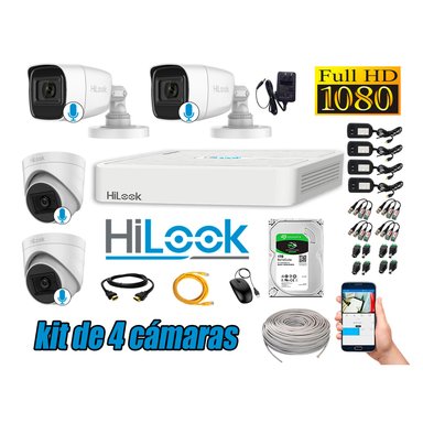 KIT 4 CÁMARA SEGURIDAD HILOOK CON AUDIO FULL HD 1080P + DISCO 1 TB