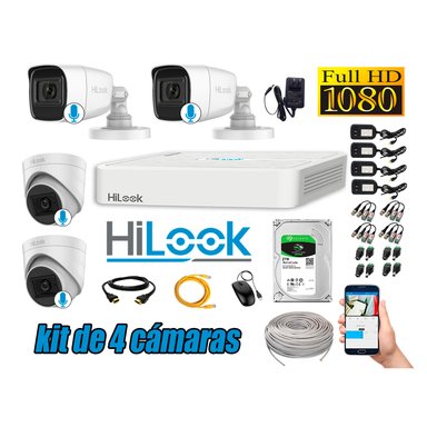 KIT 4 CÁMARA SEGURIDAD HILOOK CON AUDIO FULL HD 1080P + DISCO 2 TB