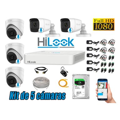KIT 5 CÁMARA SEGURIDAD HILOOK CON AUDIO FULL HD 1080P + DISCO 1 TB