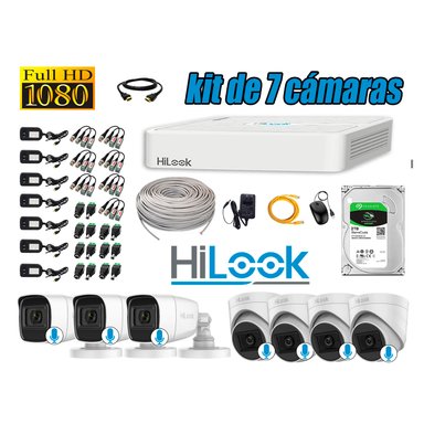 KIT 7 CÁMARA SEGURIDAD HILOOK CON AUDIO FULL HD 1080P + DISCO 2 TB