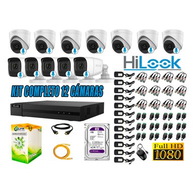 KIT 12 CÁMARA SEGURIDAD HILOOK CON AUDIO FULL HD 1080P + DISCO 1 TB
