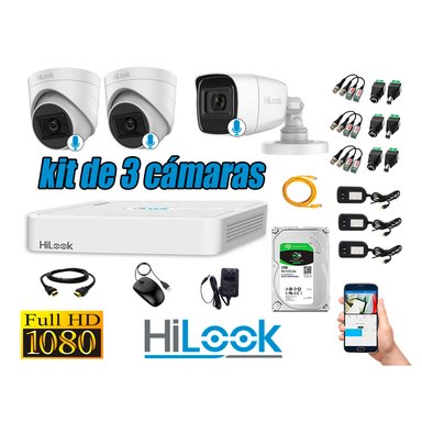 KIT 3 CÁMARA SEGURIDAD HILOOK FULL HD 3 CON AUDIO + DISCO 1 TB