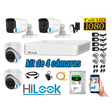 KIT 4 CÁMARA SEGURIDAD HILOOK CON AUDIO FULL HD 1080P + DISCO 1 TB