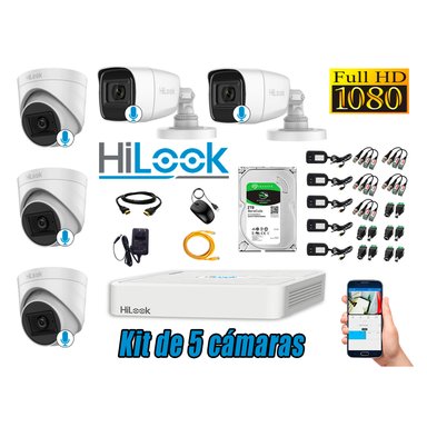 KIT 5 CÁMARA SEGURIDAD HILOOK CON AUDIO FULL HD 1080P + DISCO 2 TB