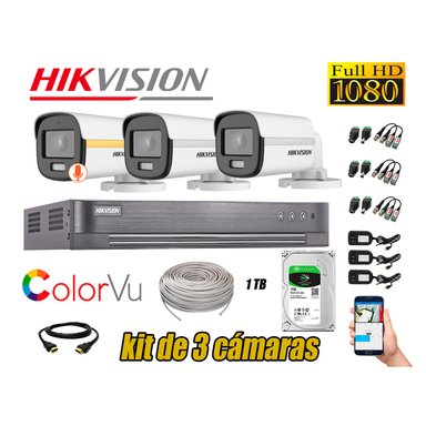 KIT 3 CÁMARA SEGURIDAD HIKVISION EXTERIOR 1080P COLORVU NOCHE COLOR 1 TB