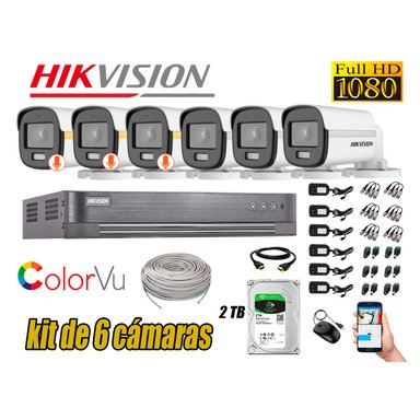 KIT 6 CÁMARA SEGURIDAD HIKVISION EXTERIOR 1080P COLORVU NOCHE COLOR 2 TB