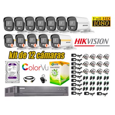 KIT 12 CÁMARA SEGURIDAD HIKVISION EXTERIOR 1080P COLORVU NOCHE COLOR 1 TB