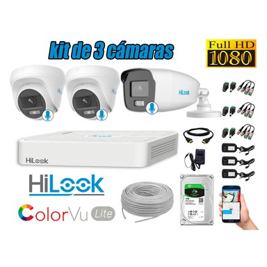 KIT 3 CÁMARA SEGURIDAD HILOOK FULL HD COLORVU LITE NOCHE COLOR 1 TB