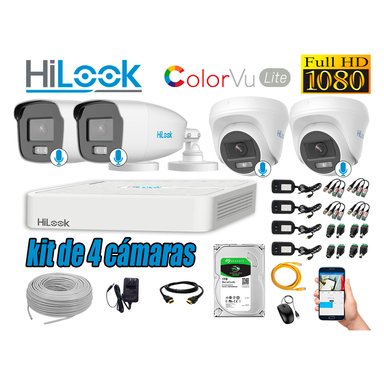 KIT 4 CÁMARA SEGURIDAD HILOOK FULL HD COLORVU LITE NOCHE COLOR 1 TB