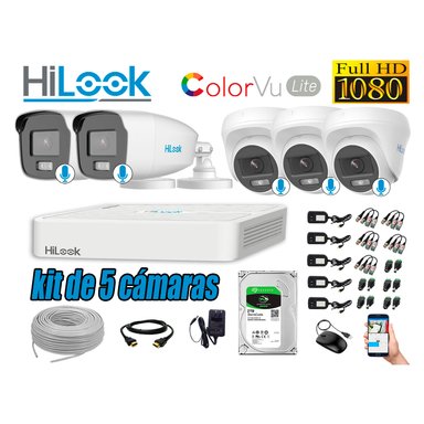 KIT 5 CÁMARA SEGURIDAD HILOOK FULL HD COLORVU LITE NOCHE COLOR 2 TB